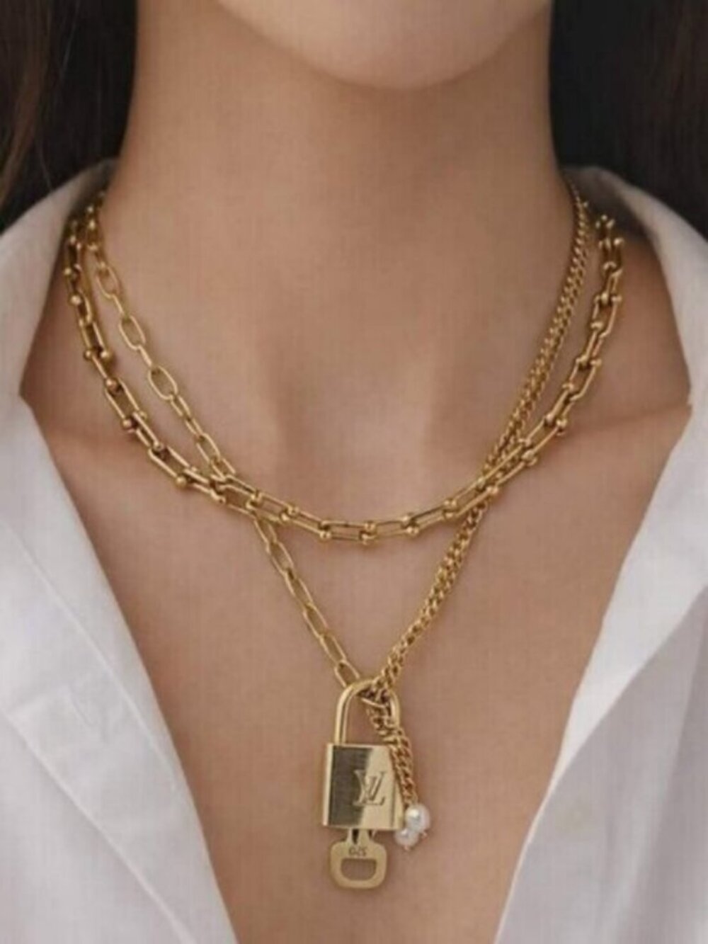 Double Chain Necklace with Authentic Louis Vuitton Padlock Pendant & Fresh Pearl